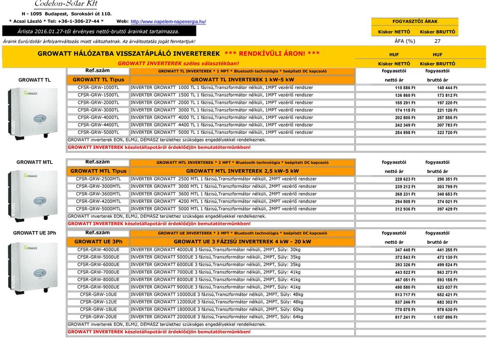 ÁFA (%) 27 GROWATT HÁLÓZATBA VISSZATÁPLÁLÓ INVERETEREK *** RENDKÍVÜLI ÁRON! *** GROWATT INVERTEREK széles választékban! Ref.