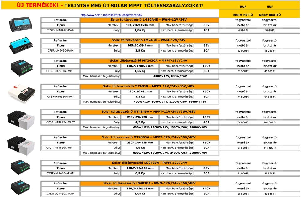 bem. áramerősség: 30A 12 000 Ft 15 240 Ft Ref.szám Solar töltésvezérlő MT2430A MPPT-12V/24V Tipus Méretek: 180,7x170x72 mm Max.bem.feszültség: 150V CFSR-MT2430A-MPPT Súly: 1,56 Kg Max. bem.