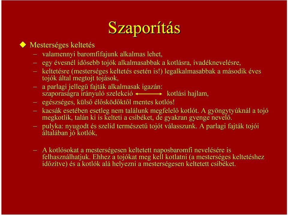 élősködőktől l mentes kotlós! kacsák k esetében esetleg nem találunk lunk megfelelő kotlót. t. A gyöngyty ngytyúknál l a tojó megkotlik, talán n ki is kelteti a csibéket, de gyakran gyenge nevelő.