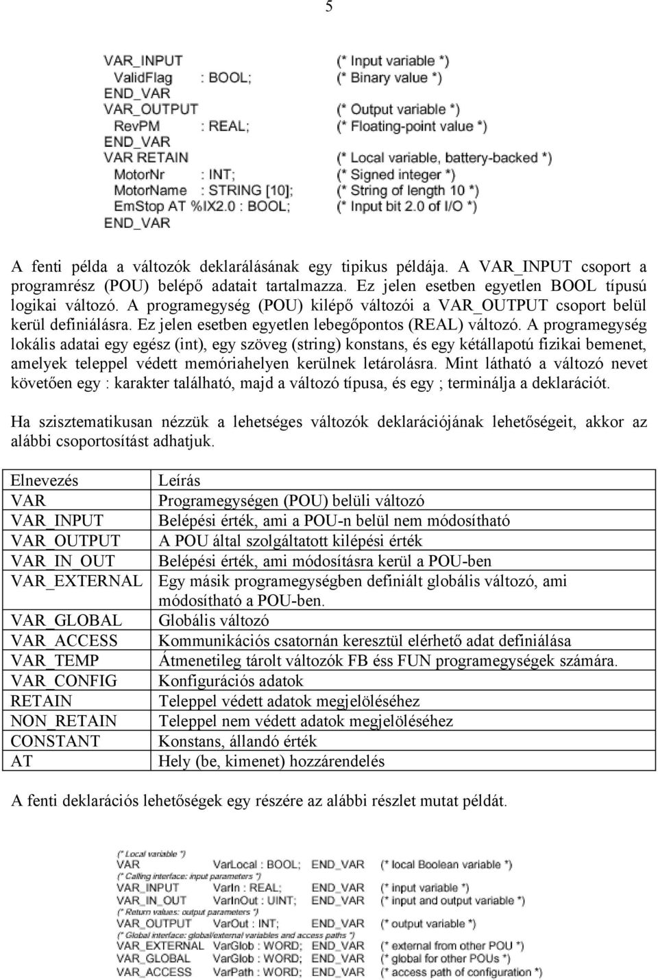 A programegység lokális adatai egy egész (int), egy szöveg (string) konstans, és egy kétállapotú fizikai bemenet, amelyek teleppel védett memóriahelyen kerülnek letárolásra.