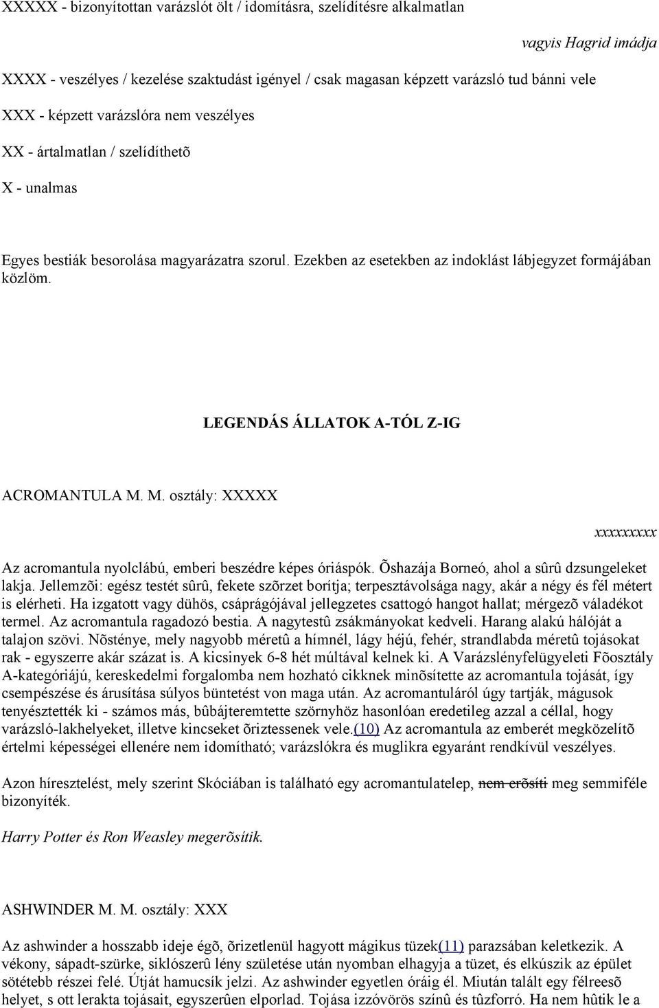 LEGENDÁS ÁLLATOK A-TÓL Z-IG ACROMANTULA M. M. osztály: XXXXX xxxxxxxxx Az acromantula nyolclábú, emberi beszédre képes óriáspók. Õshazája Borneó, ahol a sûrû dzsungeleket lakja.