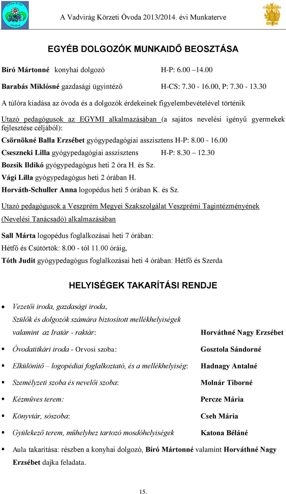 Balla Erzsébet gyógypedagógiai asszisztens H-P: 8.00-16.00 Cseszneki Lilla gyógypedagógiai asszisztens H-P: 8.30 12.30 Bozsik Ildikó gyógypedagógus heti 2 óra H. és Sz.