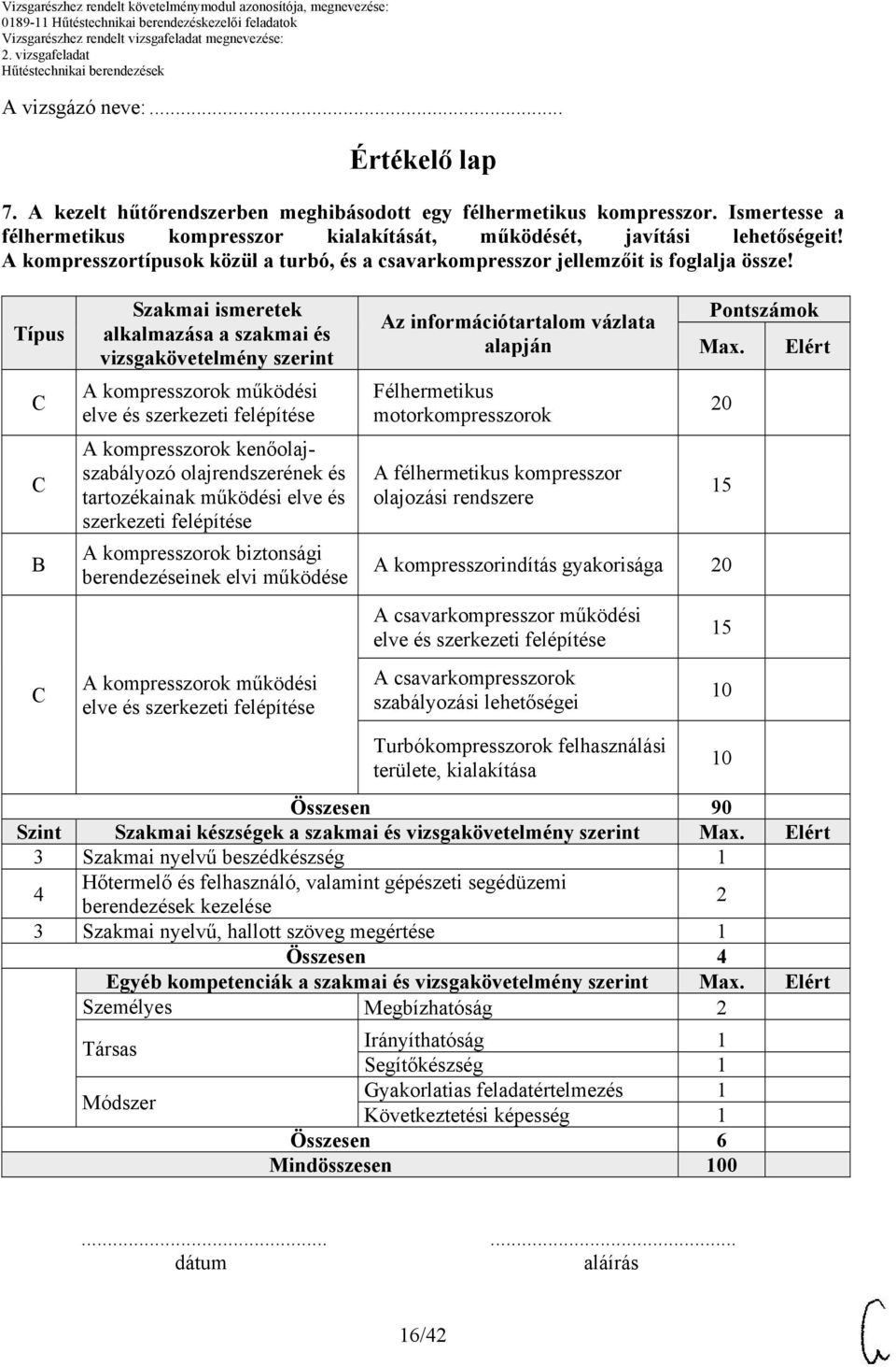 Típus B Szakmai ismeretek alkalmazása a szakmai és vizsgakövetelmény szerint A kompresszorok működési elve és szerkezeti felépítése A kompresszorok kenőolajszabályozó olajrendszerének és