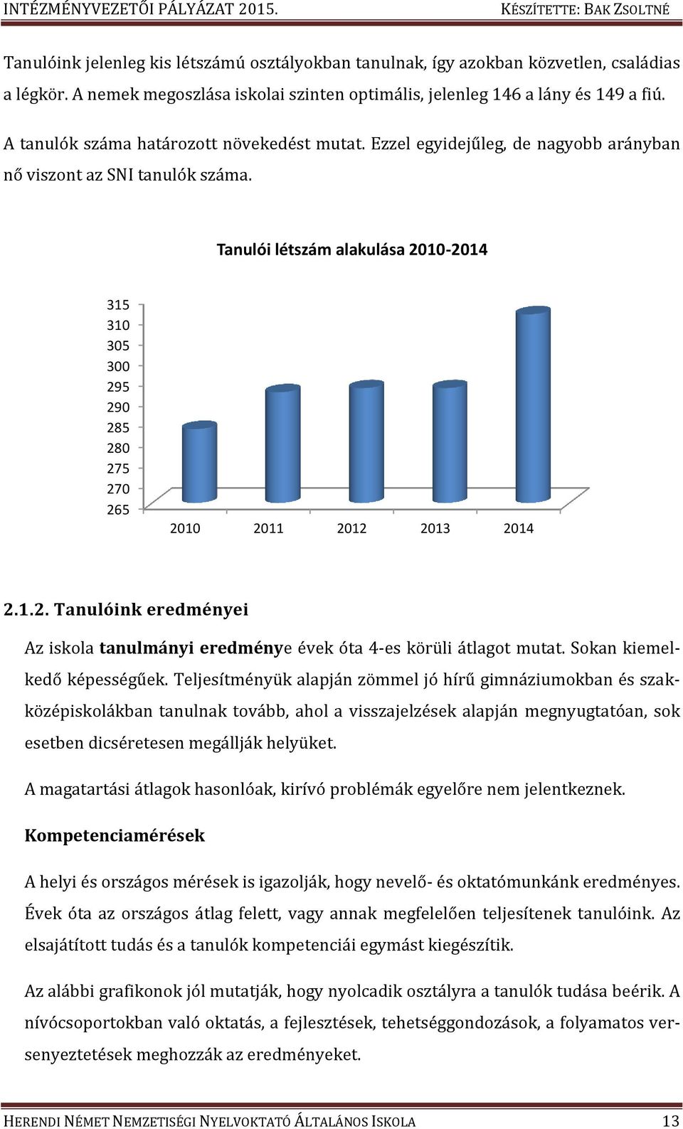 Tanulói létszám alakulása 2010-2014 315 310 305 300 295 290 285 280 275 270 265 2010 2011 2012 2013 2014 2.1.2. Tanulóink eredményei Az iskola tanulmányi eredménye évek óta 4-es körüli átlagot mutat.