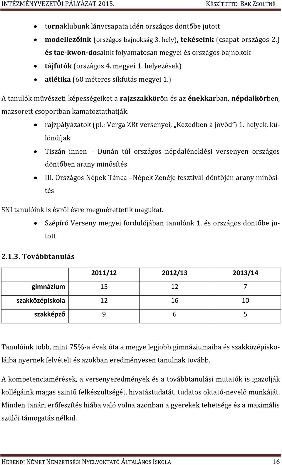 ) A tanulók művészeti képességeiket a rajzszakkörön és az énekkarban, népdalkörben, mazsorett csoportban kamatoztathatják. rajzpályázatok (pl.: Verga ZRt versenyei, Kezedben a jövőd ) 1.