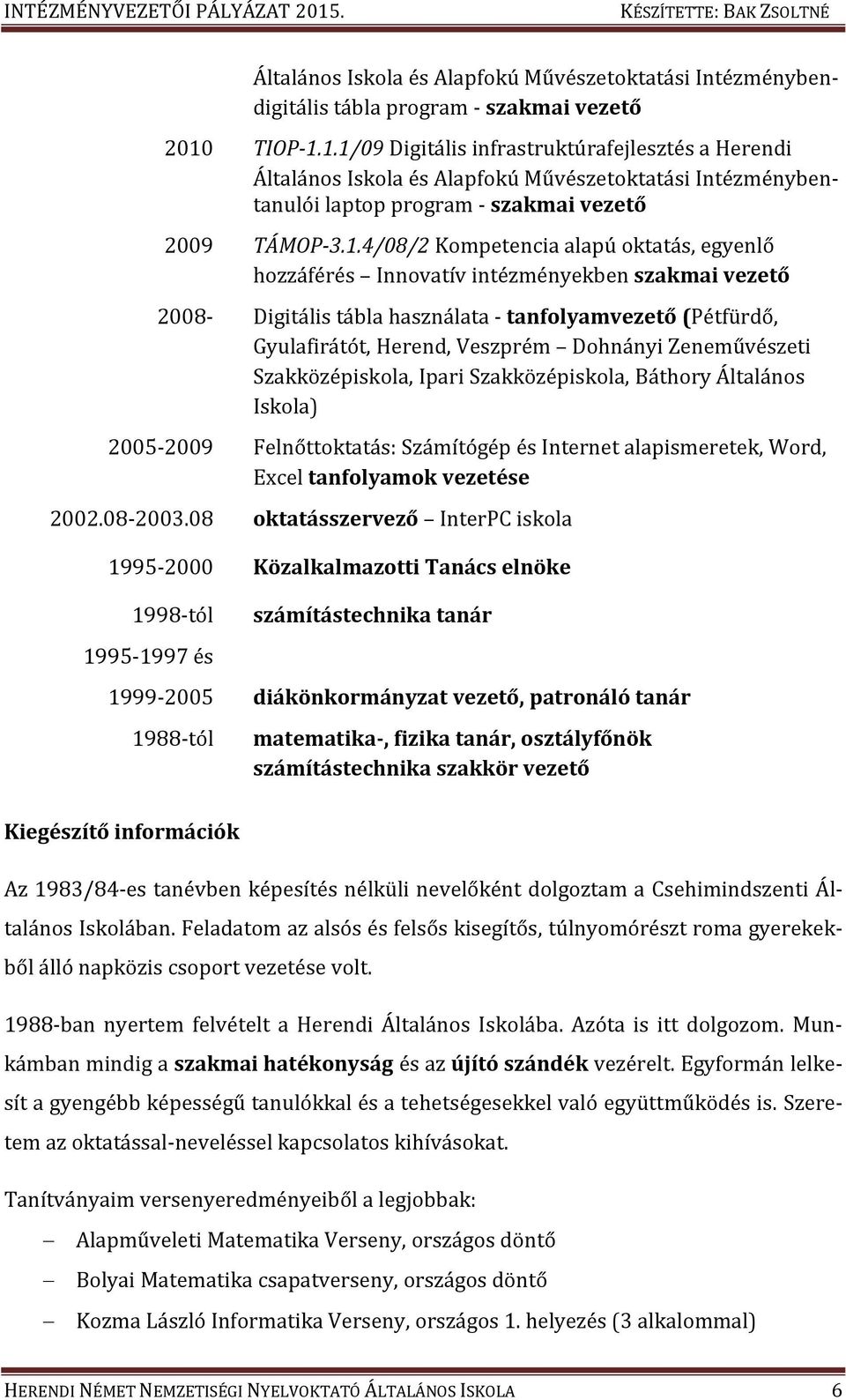 1.1/09 Digitális infrastruktúrafejlesztés a Herendi Általános Iskola és Alapfokú Művészetoktatási Intézménybentanulói laptop program - szakmai vezető 2009 TÁMOP-3.1.4/08/2 Kompetencia alapú oktatás,