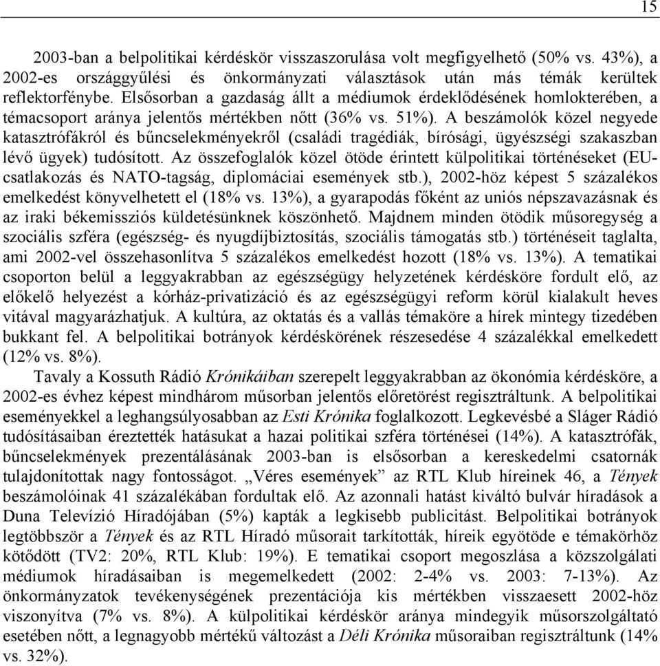 A beszámolók közel negyede katasztrófákról és bűncselekményekről (családi tragédiák, bírósági, ügyészségi szakaszban lévő ügyek) tudósított.