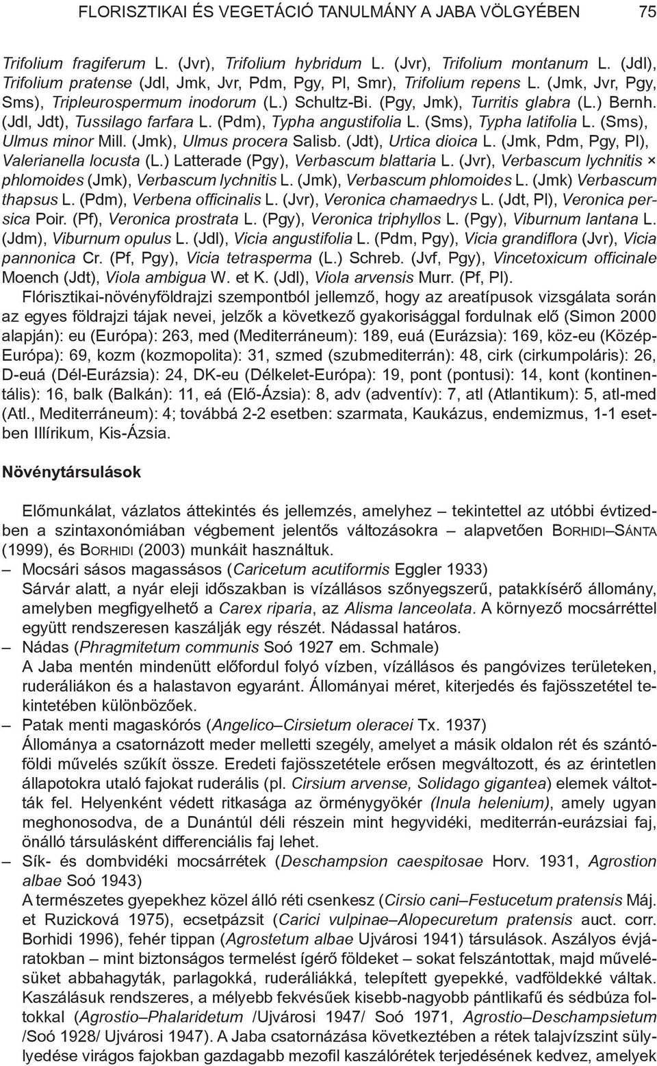 (Jdl, Jdt), Tussilago farfara L. (Pdm), Typha angustifolia L. (Sms), Typha latifolia L. (Sms), Ulmus minor Mill. (Jmk), Ulmus procera Salisb. (Jdt), Urtica dioica L.