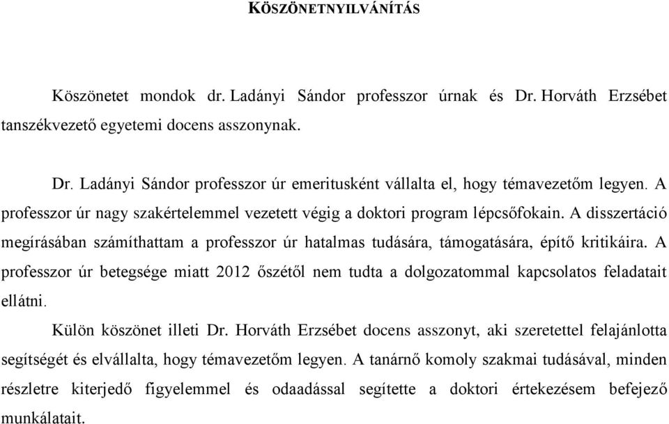 A professzor úr betegsége miatt 2012 őszétől nem tudta a dolgozatommal kapcsolatos feladatait ellátni. Külön köszönet illeti Dr.