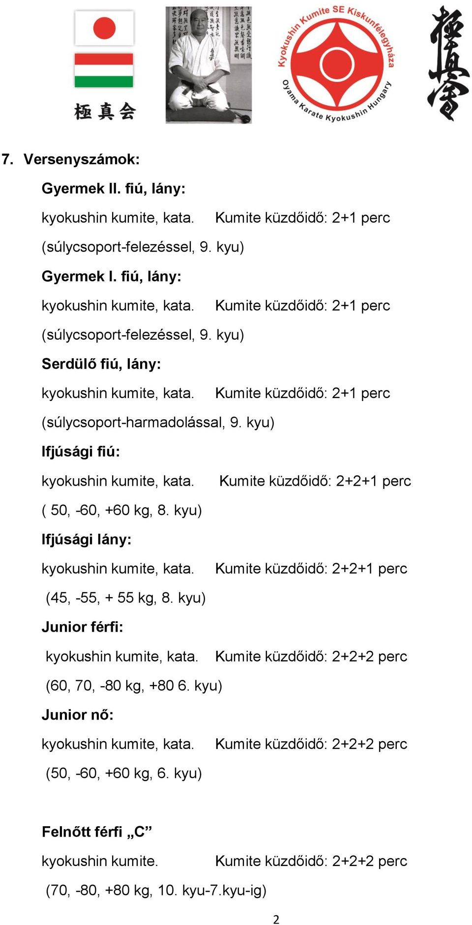 kyu) Ifjúsági fiú: Kumite küzdőidő: 2+2+1 perc ( 50, -60, +60 kg, 8. kyu) Ifjúsági lány: Kumite küzdőidő: 2+2+1 perc (45, -55, + 55 kg, 8.