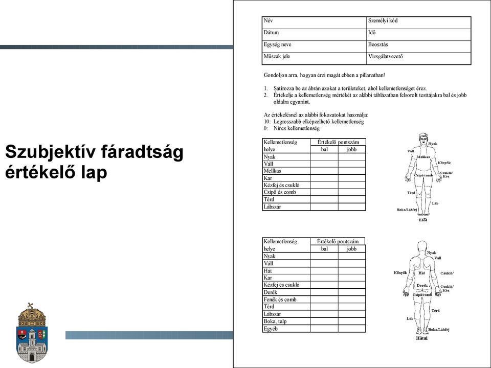 Értékelje a kellemetlenség mértékét az alábbi táblázatban felsorolt testtájakra bal és jobb oldalra egyaránt.