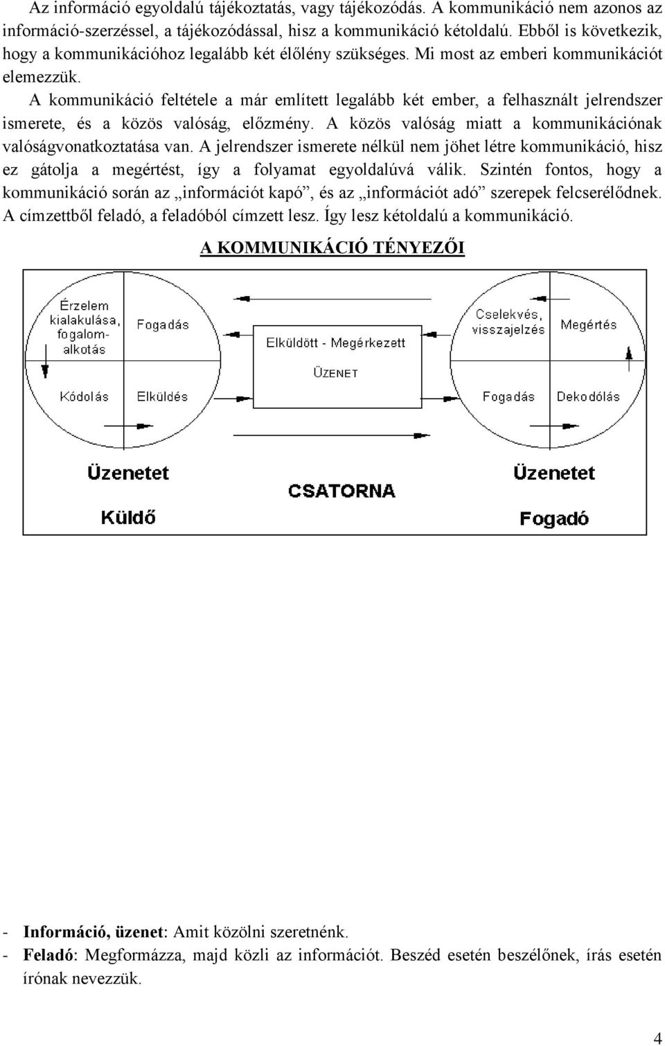 A kommunikáció feltétele a már említett legalább két ember, a felhasznált jelrendszer ismerete, és a közös valóság, előzmény. A közös valóság miatt a kommunikációnak valóságvonatkoztatása van.