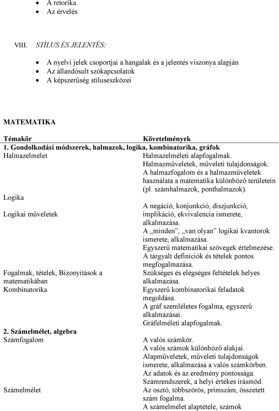 Gondolkodási módszerek, halmazok, logika, kombinatorika, gráfok Halmazelmélet Halmazelméleti alapfogalmak. Halmazműveletek, műveleti tulajdonságok.