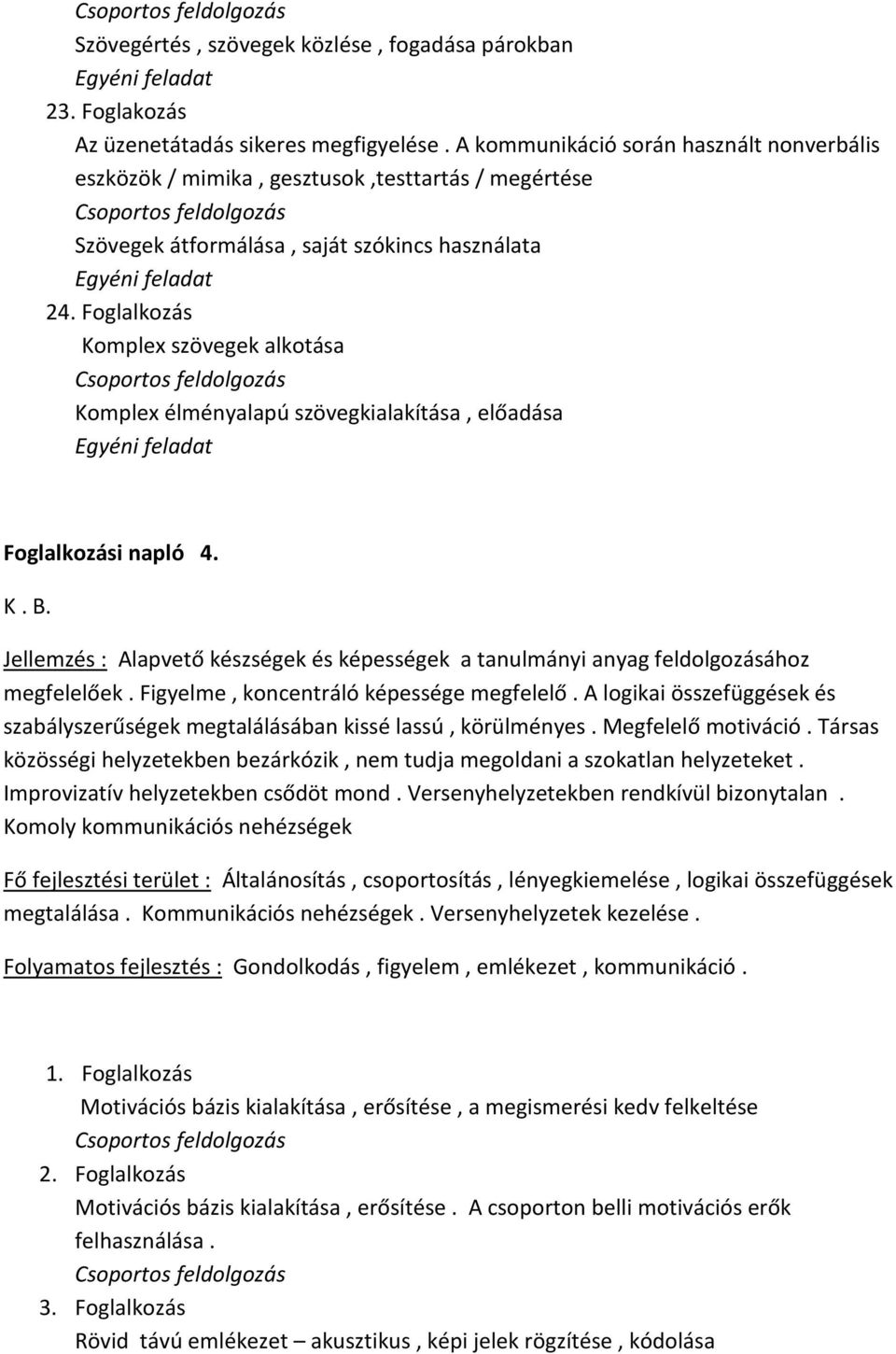 Foglalkozás Komplex szövegek alkotása Komplex élményalapú szövegkialakítása, előadása Foglalkozási napló 4. K. B.