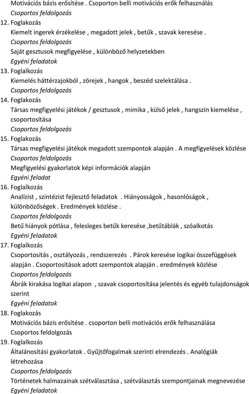 Foglakozás Társas megfigyelési játékok / gesztusok, mimika, külső jelek, hangszín kiemelése, csoportosítása 15. Foglakozás Társas megfigyelési játékok megadott szempontok alapján.