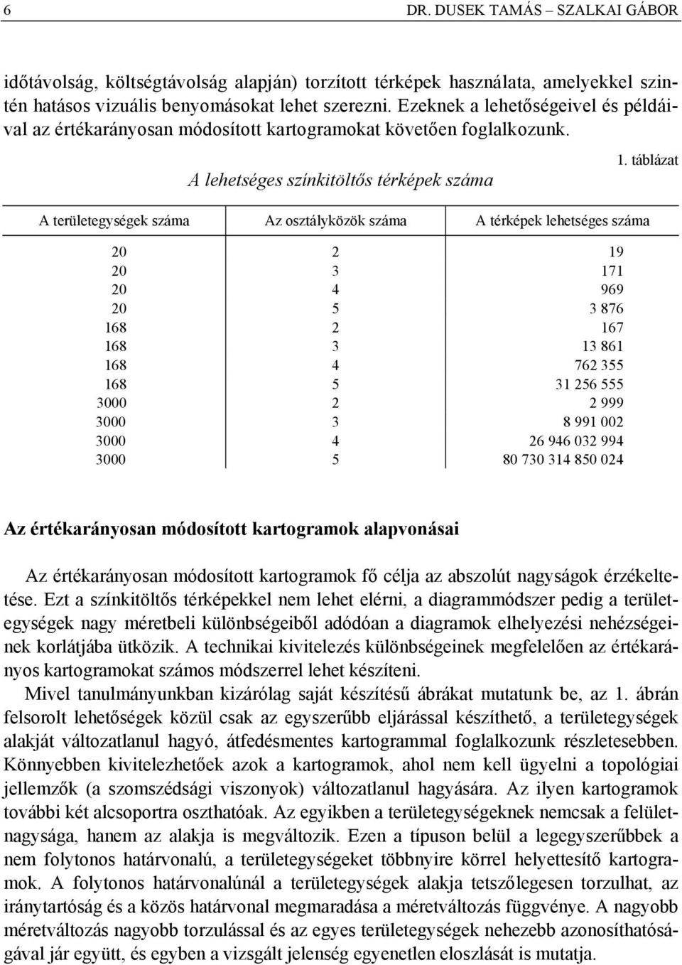 táblázat A területegységek száma Az osztályközök száma A térképek lehetséges száma 20 2 19 20 3 171 20 4 969 20 5 3 876 168 2 167 168 3 13 861 168 4 762 355 168 5 31 256 555 3000 2 2 999 3000 3 8 991