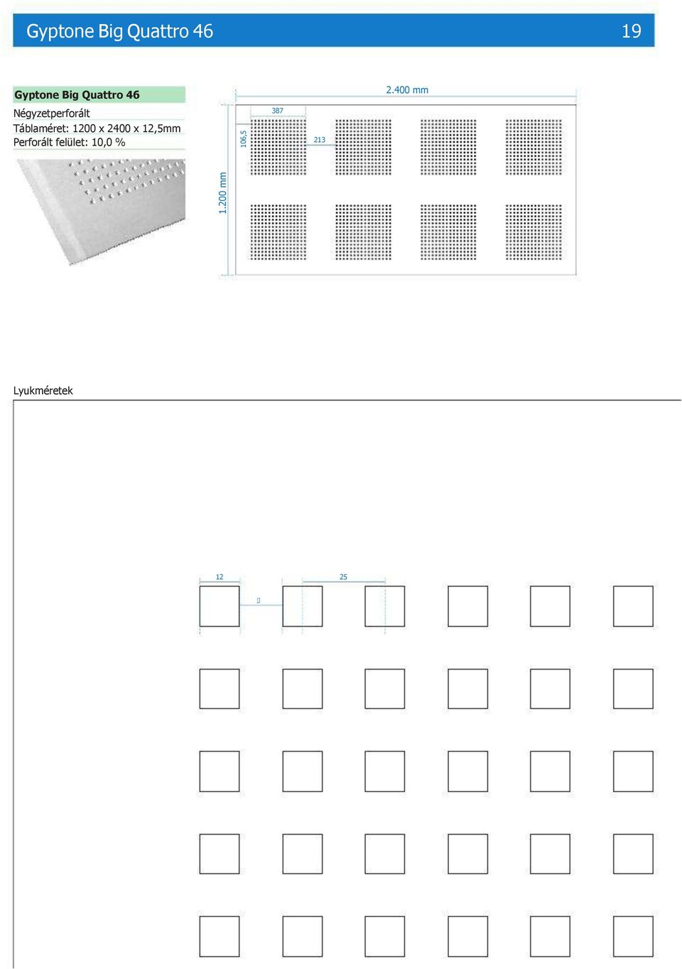 400 mm Négyzetperforált Táblaméret: 1200