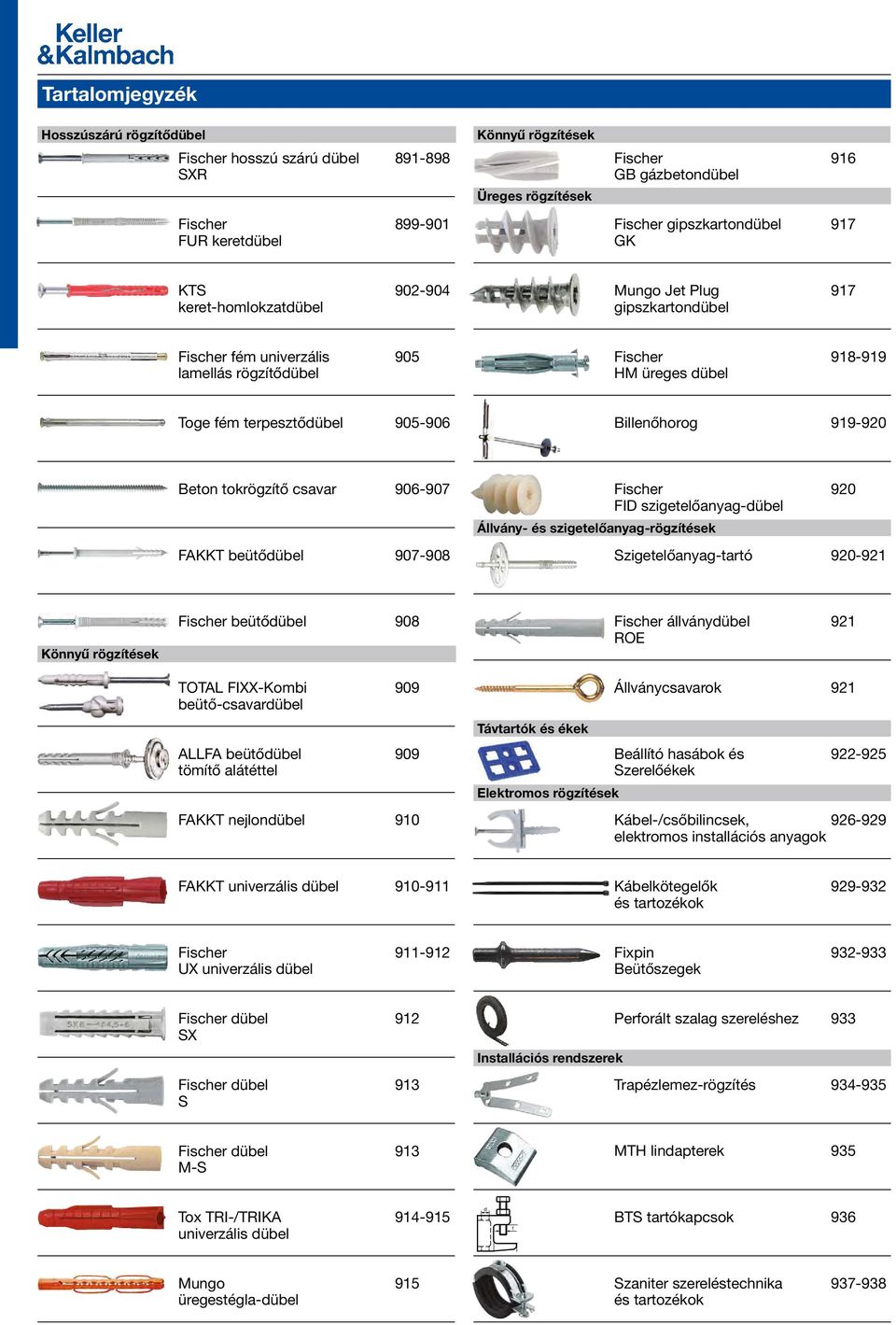 905-906 Billenőhorog 919-920 Beton tokrögzítő csavar 906-907 FAKKT beütődübel 907-908 Fischer 920 FID szigetelőanyag-dübel Állvány- és szigetelőanyag-rögzítések Szigetelőanyag-tartó 920-921 Könnyű