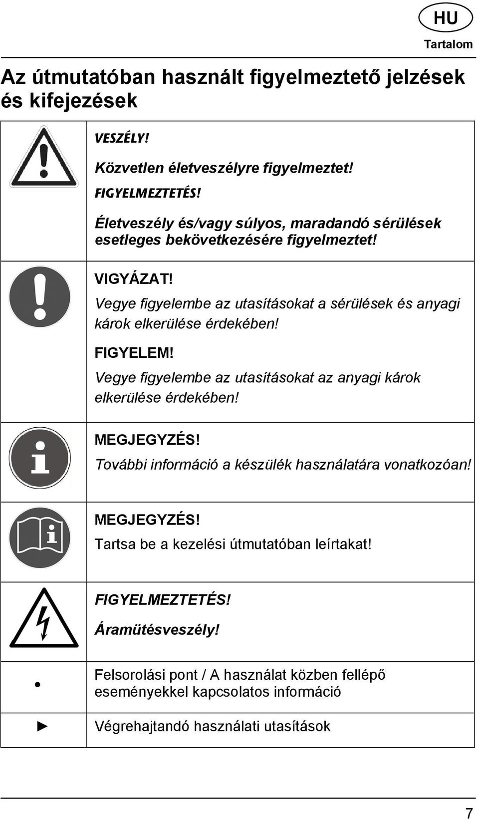 Vegye figyelembe az utasításokat a sérülések és anyagi károk elkerülése érdekében! FIGYELEM! Vegye figyelembe az utasításokat az anyagi károk elkerülése érdekében!