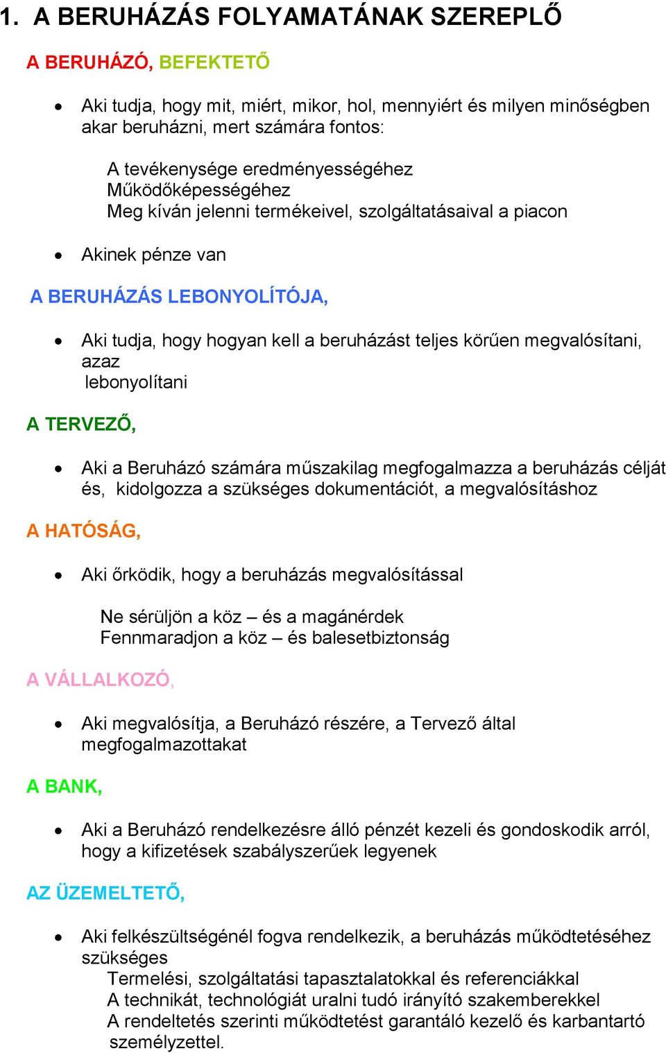 lebonyolítani A TERVEZŐ, Aki a Beruházó számára műszakilag megfogalmazza a beruházás célját és, kidolgozza a szükséges dokumentációt, a megvalósításhoz A HATÓSÁG, Aki őrködik, hogy a beruházás