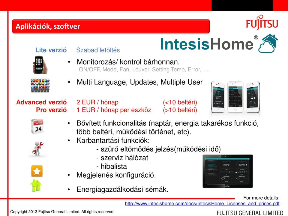 funkcionalitás (naptár, energia takarékos funkció, több beltéri, működési történet, etc).