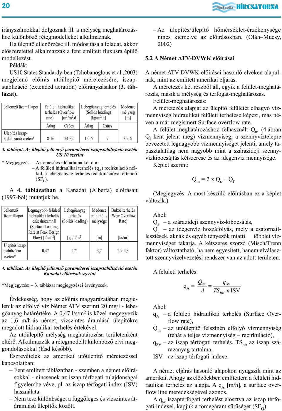 ,2003) megjelenõ elõírás utóülepítõ méretezésére, iszapstablizáció (extended aeration) elõirányzásakor (3. táblázat).