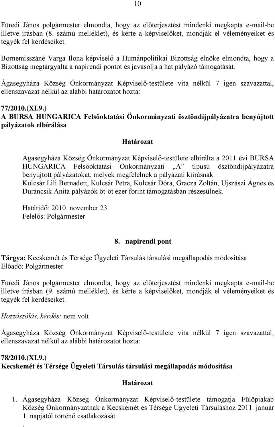 Bornemisszáné Varga Ilona képviselő a Humánpolitikai Bizottság elnöke elmondta, hogy a Bizottság megtárgyalta a napirendi pontot és javasolja a hat pályázó támogatását.