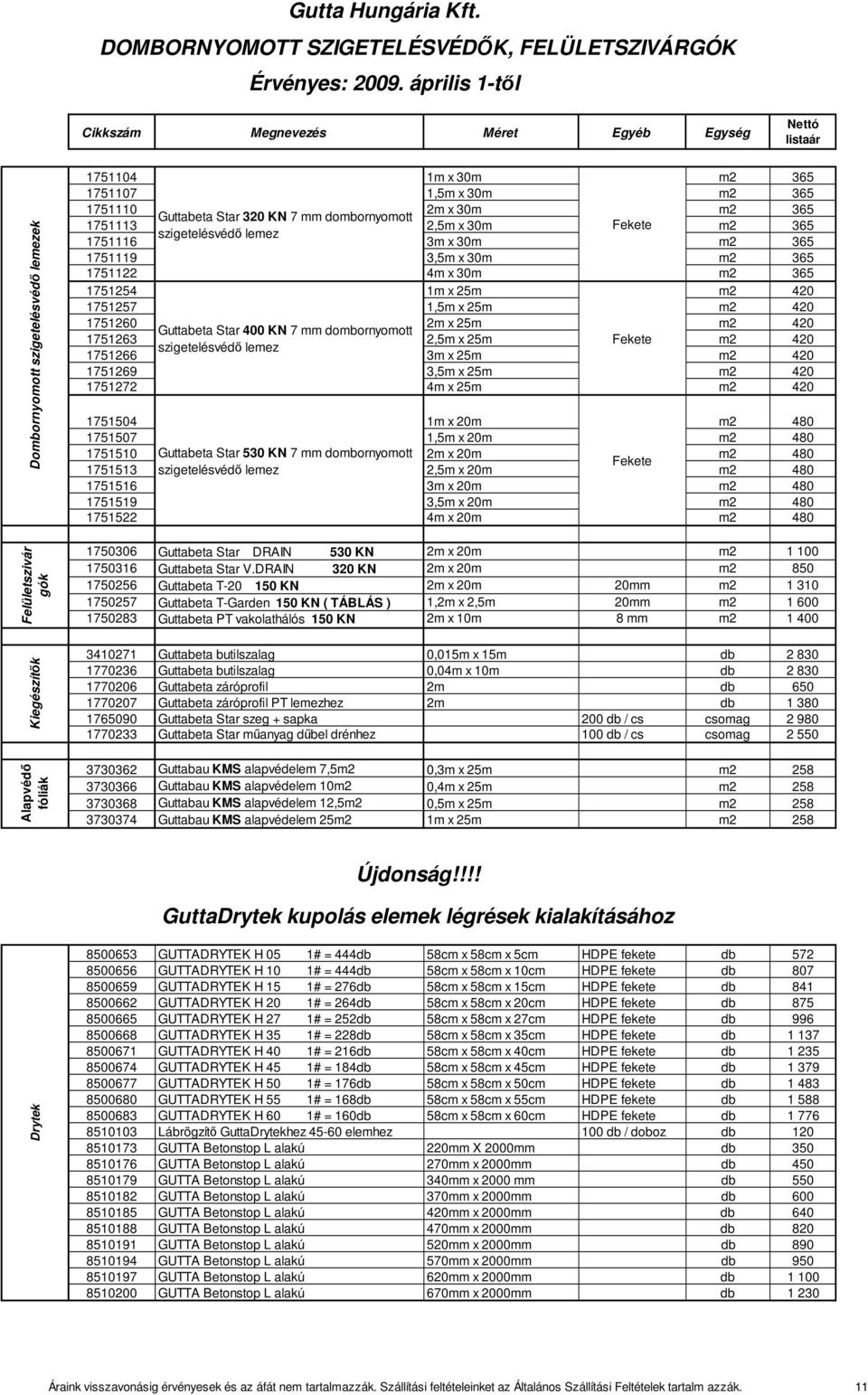 m2 365 1751110 2m x 30m m2 365 Guttabeta Star 320 KN 7 mm dombornyomott 1751113 2,5m x 30m Fekete m2 365 szigetelésvédı lemez 1751116 3m x 30m m2 365 1751119 3,5m x 30m m2 365 1751122 4m x 30m m2 365