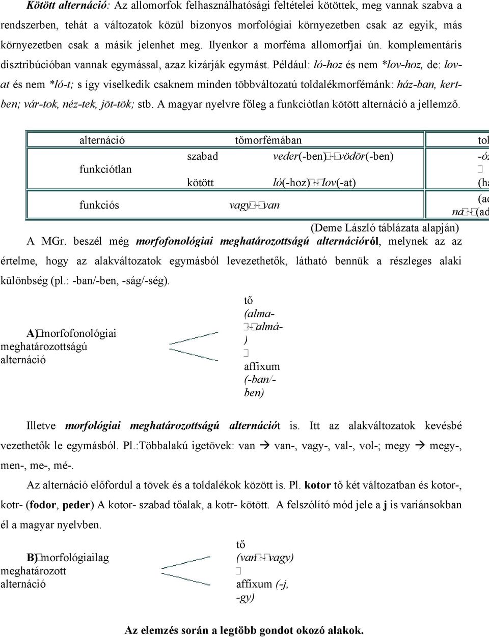 Például: ló-hoz és nem *lov-hoz, de: lovat és nem *ló-t; s így viselkedik csaknem minden többváltozatú toldalékmorfémánk: ház-ban, kertben; vár-tok, néz-tek, jöt-tök; stb.