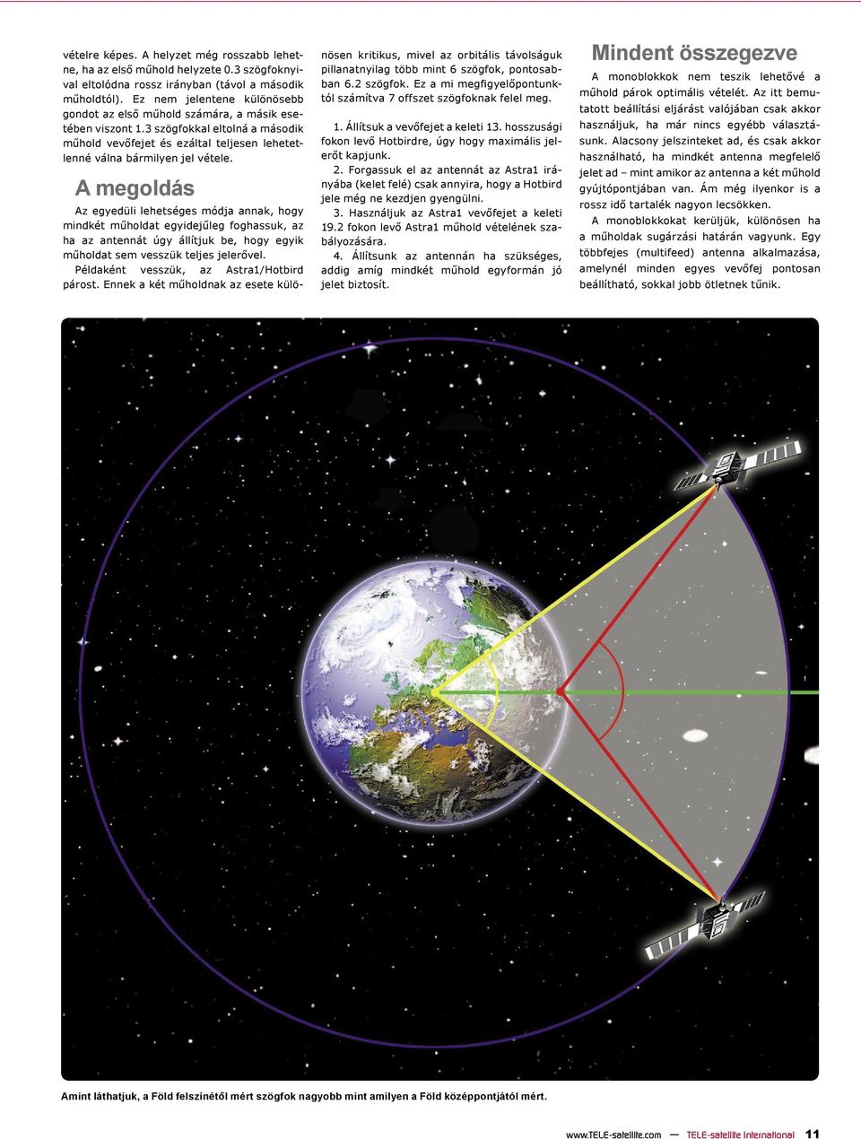 A megoldás Az egyedüli lehetséges módja annak, hogy mindkét műholdat egyidejűleg foghassuk, az ha az antennát úgy állítjuk be, hogy egyik műholdat sem vesszük teljes jelerővel.