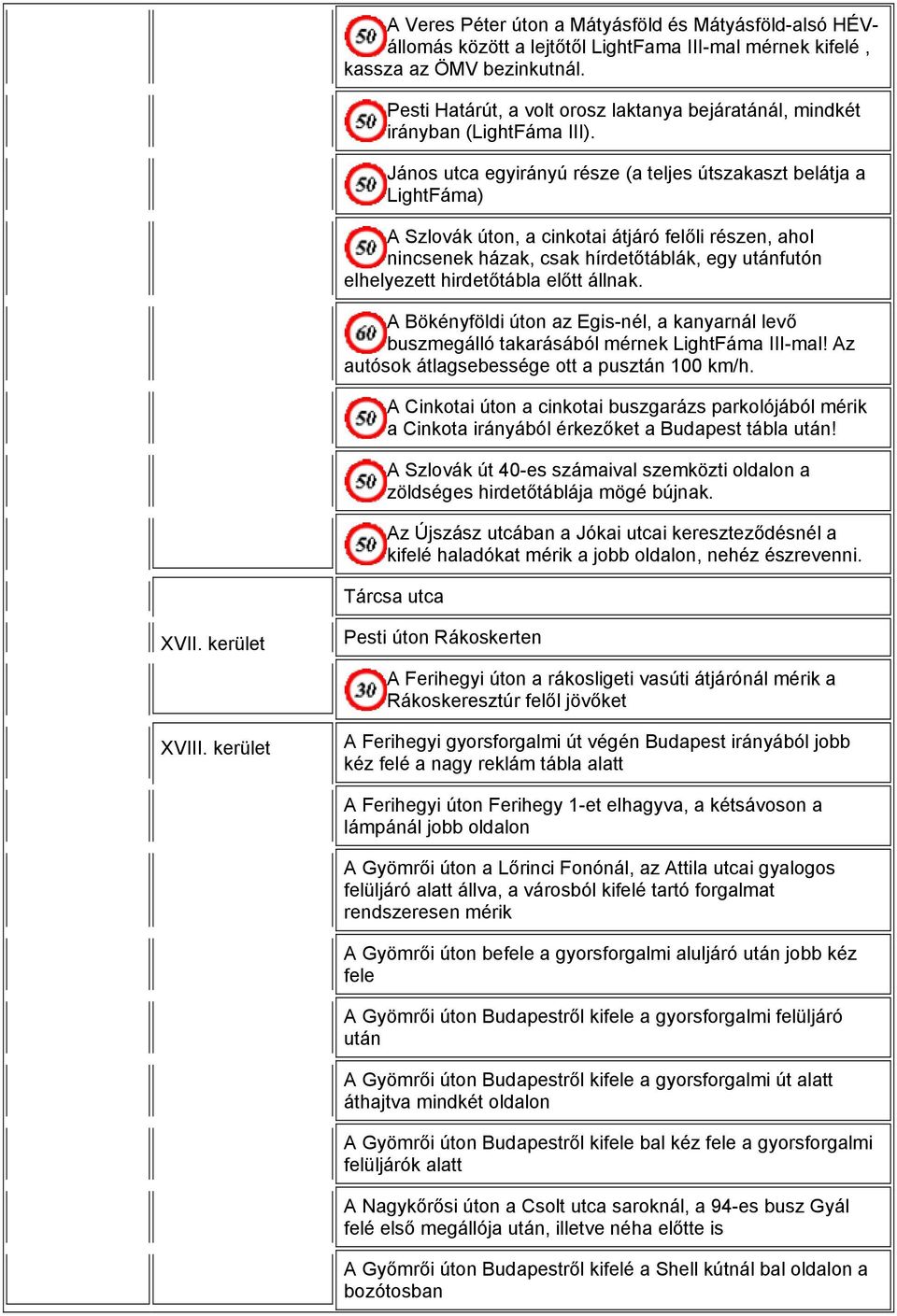 János utca egyirányú része (a teljes útszakaszt belátja a LightFáma) A Szlovák úton, a cinkotai átjáró felőli részen, ahol nincsenek házak, csak hírdetőtáblák, egy utánfutón elhelyezett hirdetőtábla