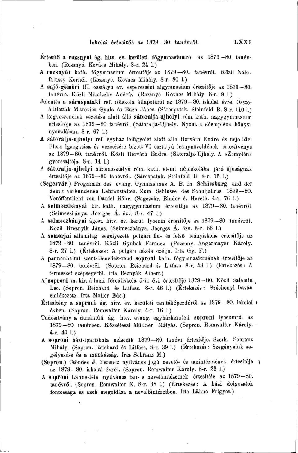 Közli Nikelszky András. (Rozsnyó. Kovács Mihály. 8-r. 9 1.) Jelentés a sárospataki ref. lőiskola állapotáról az 1879 80. iskolai évre. Összeállították Mitrovics Gyula és Búza János. (Sárospatak.