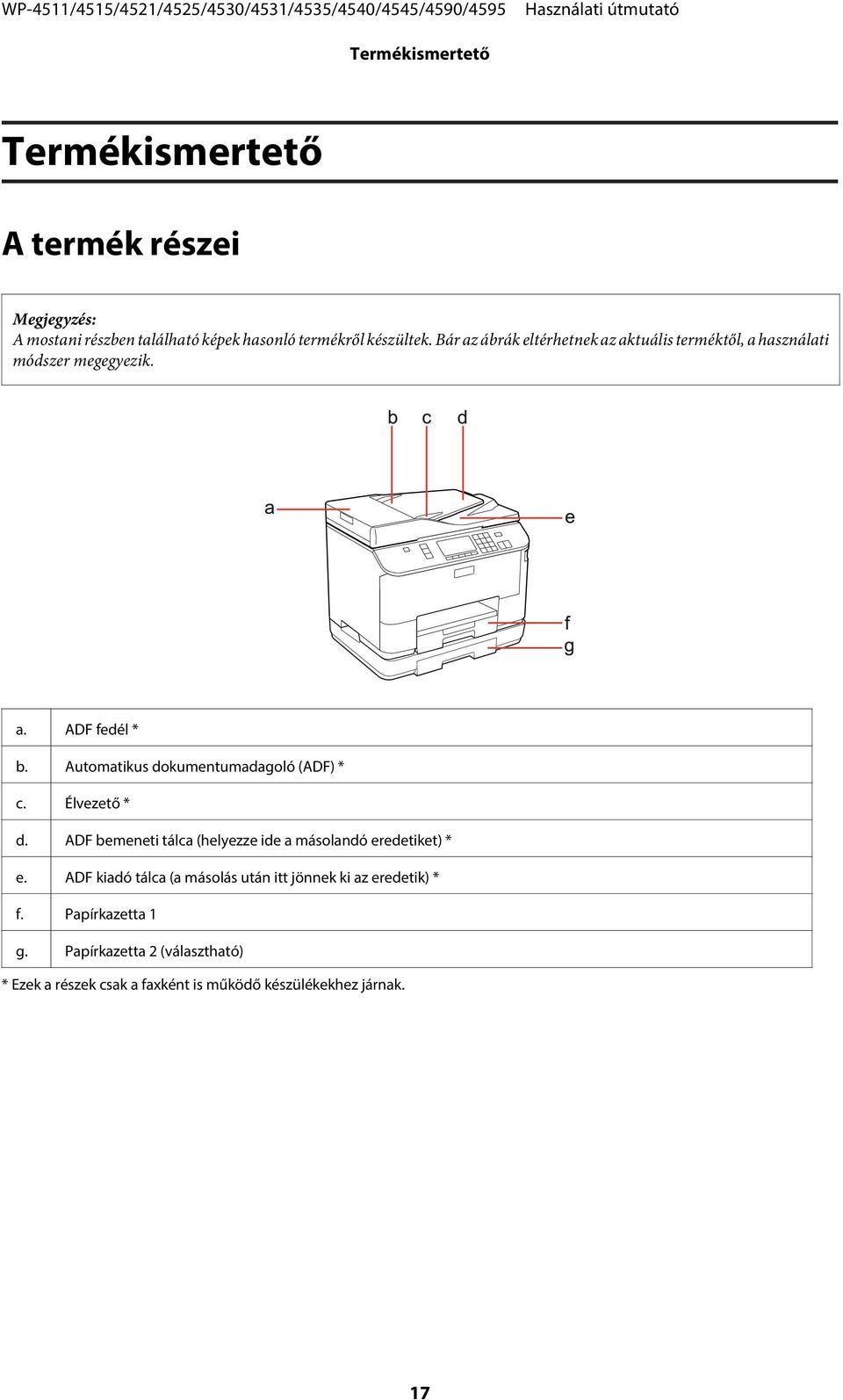 Automatikus dokumentumadagoló (ADF) * c. Élvezető * d. ADF bemeneti tálca (helyezze ide a másolandó eredetiket) * e.