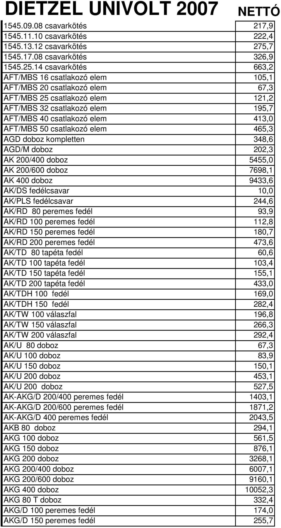 csatlakozó elem 465,3 AGD doboz kompletten 348,6 AGD/M doboz 202,3 AK 200/400 doboz 5455,0 AK 200/600 doboz 7698,1 AK 400 doboz 9433,6 AK/DS fedélcsavar 10,0 AK/PLS fedélcsavar 244,6 AK/RD 80 peremes