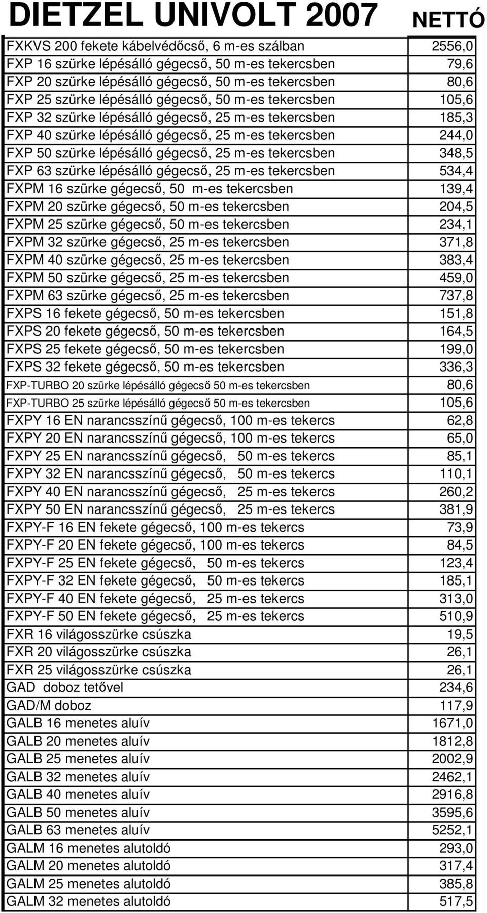 FXP 63 szürke lépésálló gégecső, 25 m-es tekercsben 534,4 FXPM 16 szürke gégecső, 50 m-es tekercsben 139,4 FXPM 20 szürke gégecső, 50 m-es tekercsben 204,5 FXPM 25 szürke gégecső, 50 m-es tekercsben