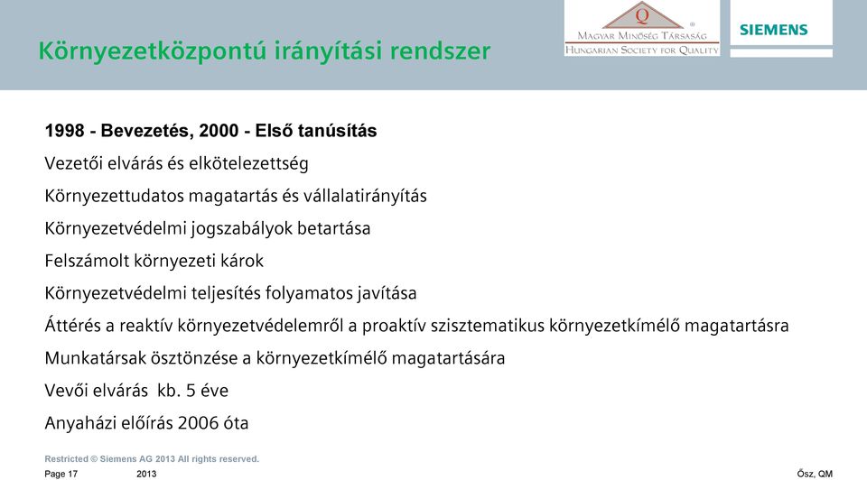 Környezetvédelmi teljesítés folyamatos javítása Áttérés a reaktív környezetvédelemről a proaktív szisztematikus