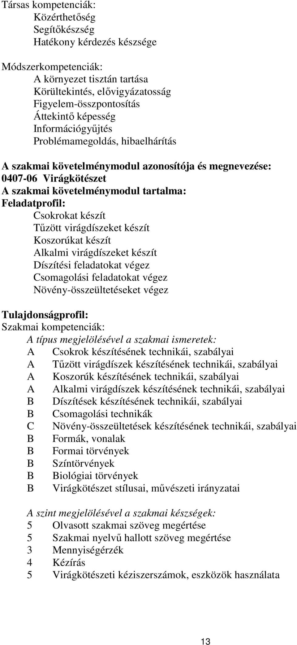 Tűzött virágdíszeket készít Koszorúkat készít Alkalmi virágdíszeket készít Díszítési feladatokat végez Csomagolási feladatokat végez Növény-összeültetéseket végez Tulajdonságprofil: Szakmai