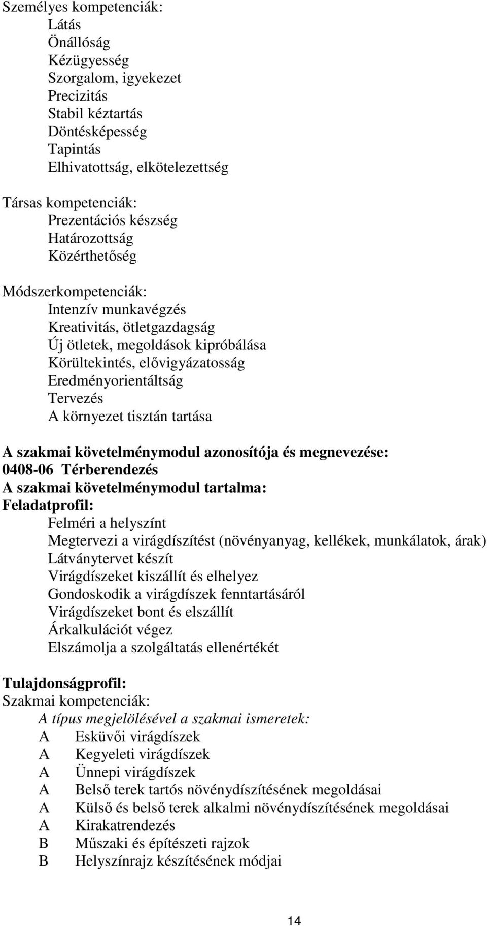 környezet tisztán tartása A szakmai követelménymodul azonosítója és megnevezése: 0408-06 Térberendezés A szakmai követelménymodul tartalma: Feladatprofil: Felméri a helyszínt Megtervezi a