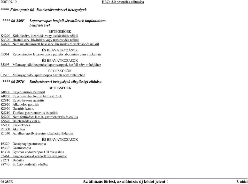 BEAVATKOZÁSOK 55393 Mőanyag háló beépítése laparoscoppal, hasfali sérv mőtétjéhez ÉS ESZKÖZÖK 01513 Mőanyag háló laparoscopos hasfali sérv mőtétjéhez **** 06 297E Emésztıszervi betegségek sürgısségi