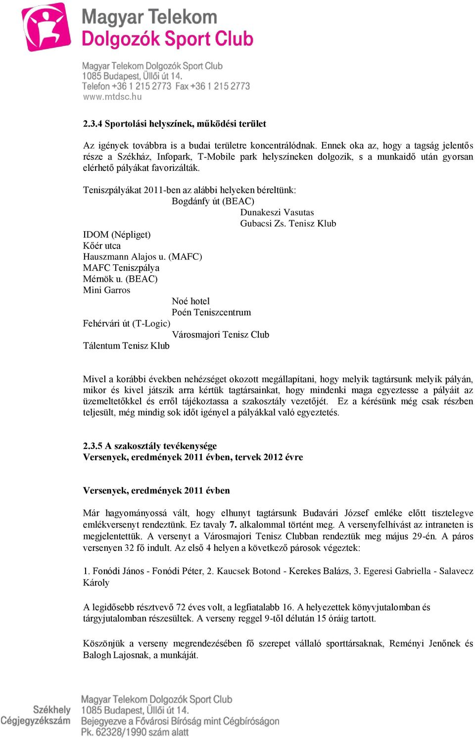 Teniszpályákat 2011-ben az alábbi helyeken béreltünk: Bogdánfy út (BEAC) Dunakeszi Vasutas Gubacsi Zs. Tenisz Klub IDOM (Népliget) Kőér utca Hauszmann Alajos u. (MAFC) MAFC Teniszpálya Mérnök u.