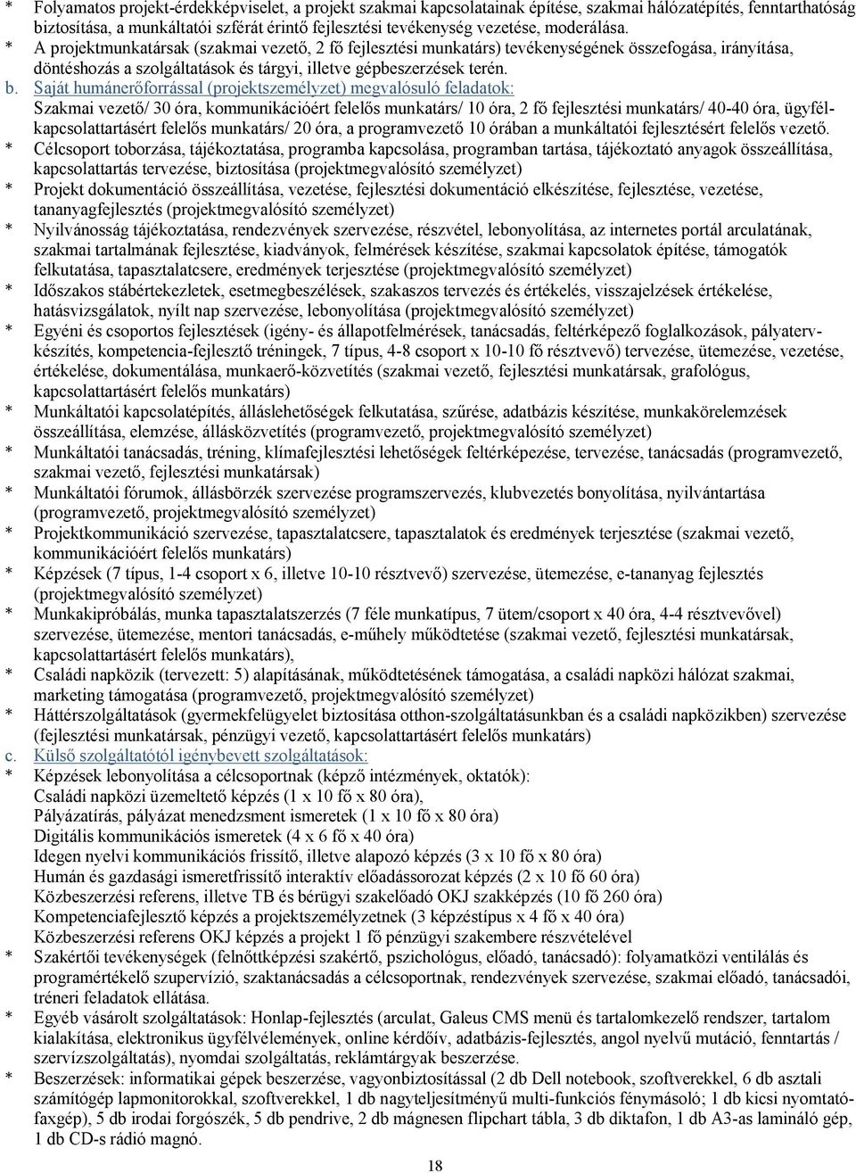 Saját humánerőforrással (projektszemélyzet) megvalósuló feladatok: Szakmai vezető/ 30 óra, kommunikációért felelős munkatárs/ 10 óra, 2 fő fejlesztési munkatárs/ 40-40 óra, ügyfélkapcsolattartásért