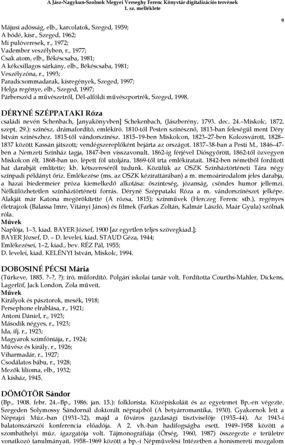 9 DÉRYNÉ SZÉPPATAKI Róza családi nevén Schenbach, [anyakönyvben] Schekenbach, (Jászberény, 1793. dec. 24. Miskolc, 1872. szept. 29.): színész, drámafordító, emlékíró.