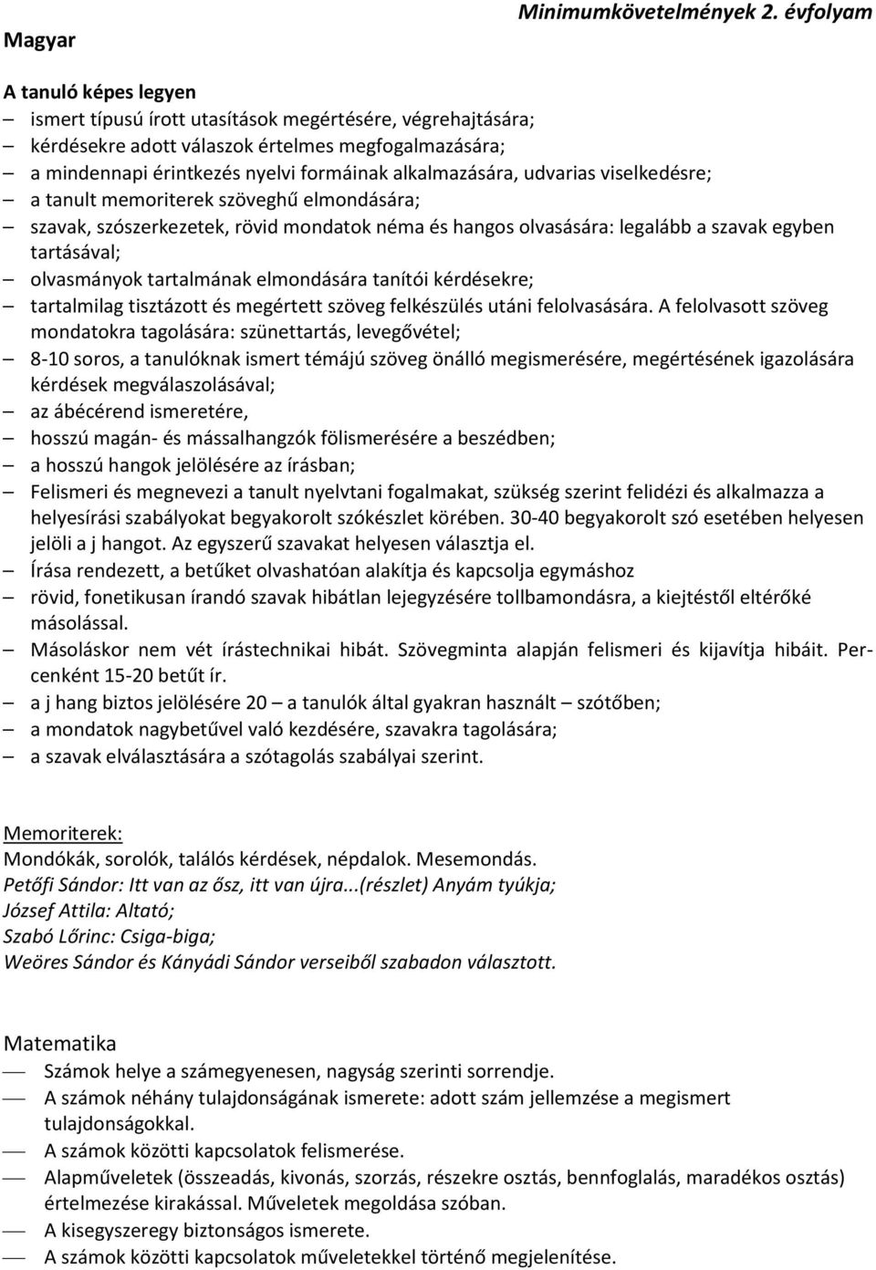 udvarias viselkedésre; a tanult memoriterek szöveghű elmondására; szavak, szószerkezetek, rövid mondatok néma és hangos olvasására: legalább a szavak egyben tartásával; olvasmányok tartalmának