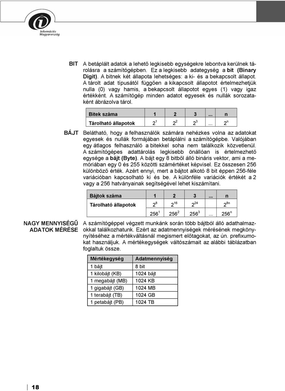 A tárolt adat típusától függően a kikapcsolt állapotot értelmezhetjük nulla (0) vagy hamis, a bekapcsolt állapotot egyes (1) vagy igaz értékként.