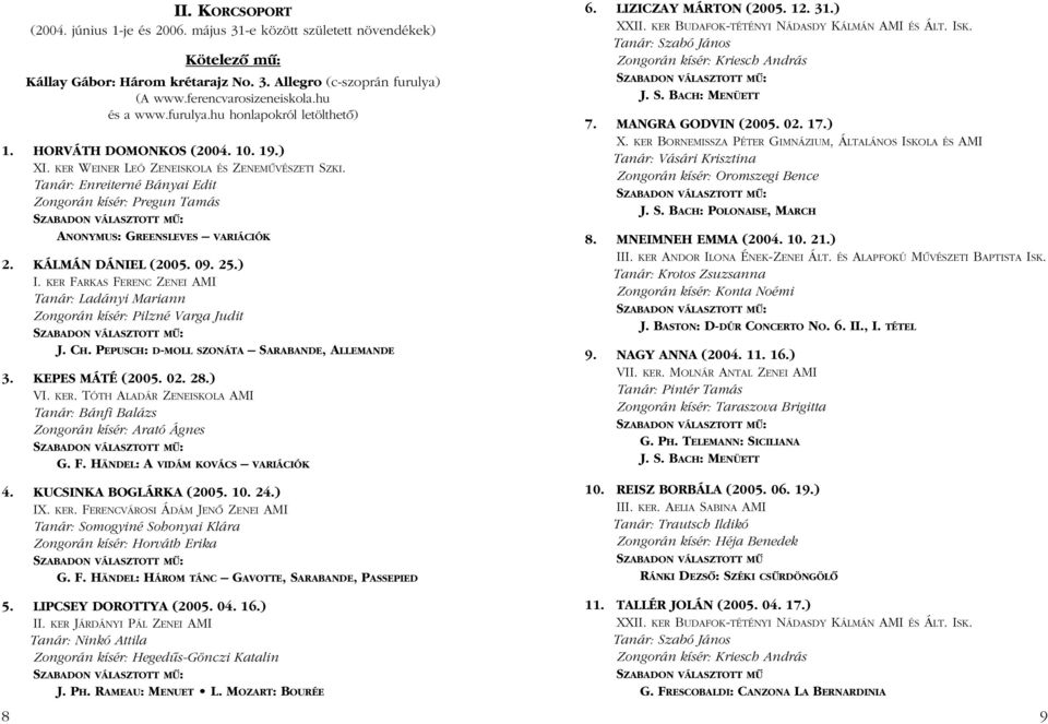 Tanár: Enreiterné Bányai Edit Zongorán kísér: Pregun Tamás ANONYMUS: GREENSLEVES VARIÁCIÓK 2. KÁLMÁN DÁNIEL (2005. 09. 25.) I.