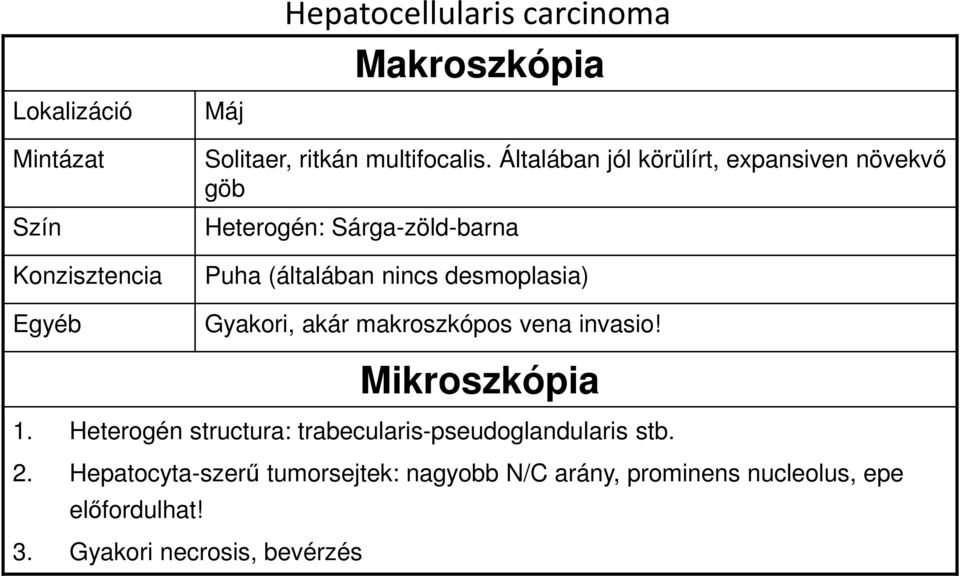 Általában jól körülírt, expansiven növekvő göb Heterogén: Sárga-zöld-barna Puha (általában nincs desmoplasia)