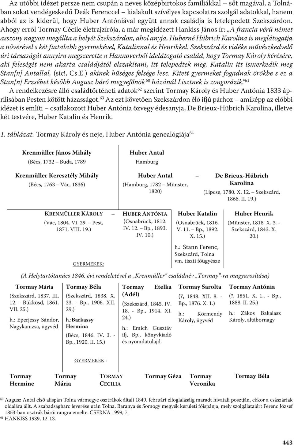 Ahogy erről Tormay Cécile életrajzírója, a már megidézett Hankiss János ír: A francia vérű német asszony nagyon megállta a helyét Szekszárdon, ahol anyja, Huberné Hübrich Karolina is meglátogatja a