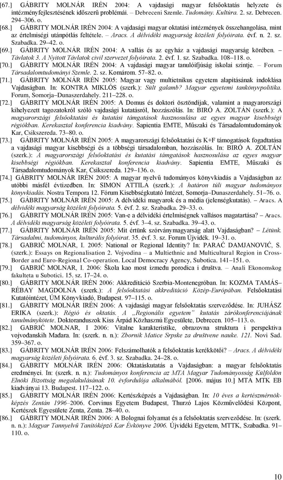 29 42. o. [69.] GÁBRITY MOLNÁR IRÉN 2004: A vallás és az egyház a vajdasági magyarság körében. Távlatok 3. A Nyitott Távlatok civil szervezet folyóirata. 2. évf. 1. sz. Szabadka. 108 118. o. [70.