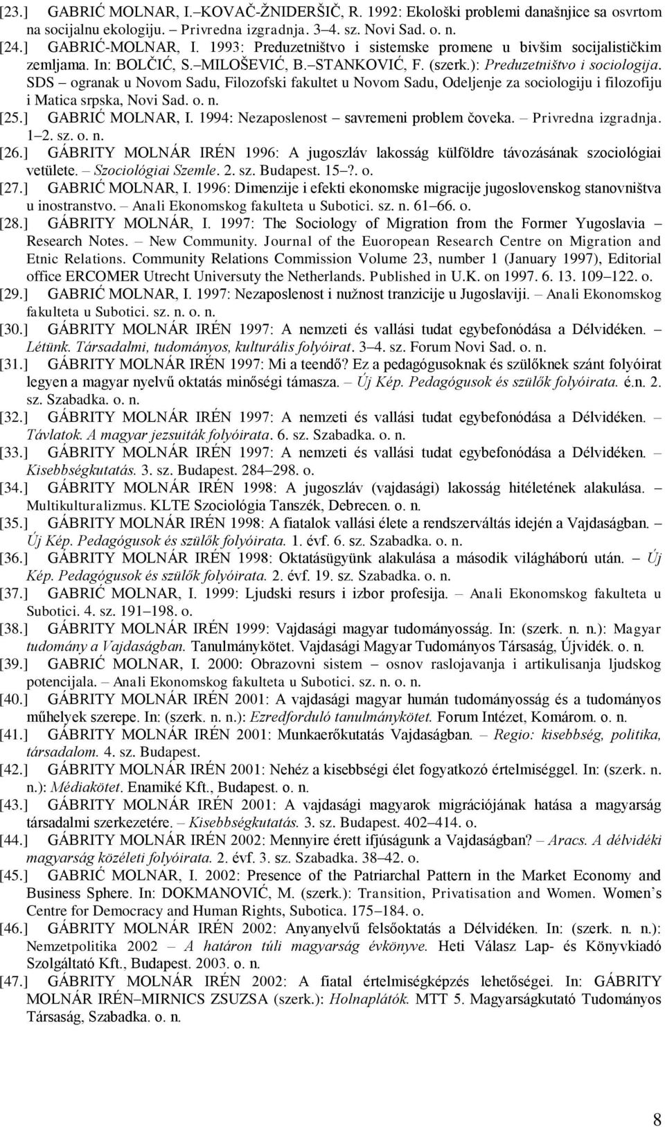 SDS ogranak u Novom Sadu, Filozofski fakultet u Novom Sadu, Odeljenje za sociologiju i filozofiju i Matica srpska, Novi Sad. o. n. [25.] GABRIĆ MOLNAR, I. 1994: Nezaposlenost savremeni problem čoveka.