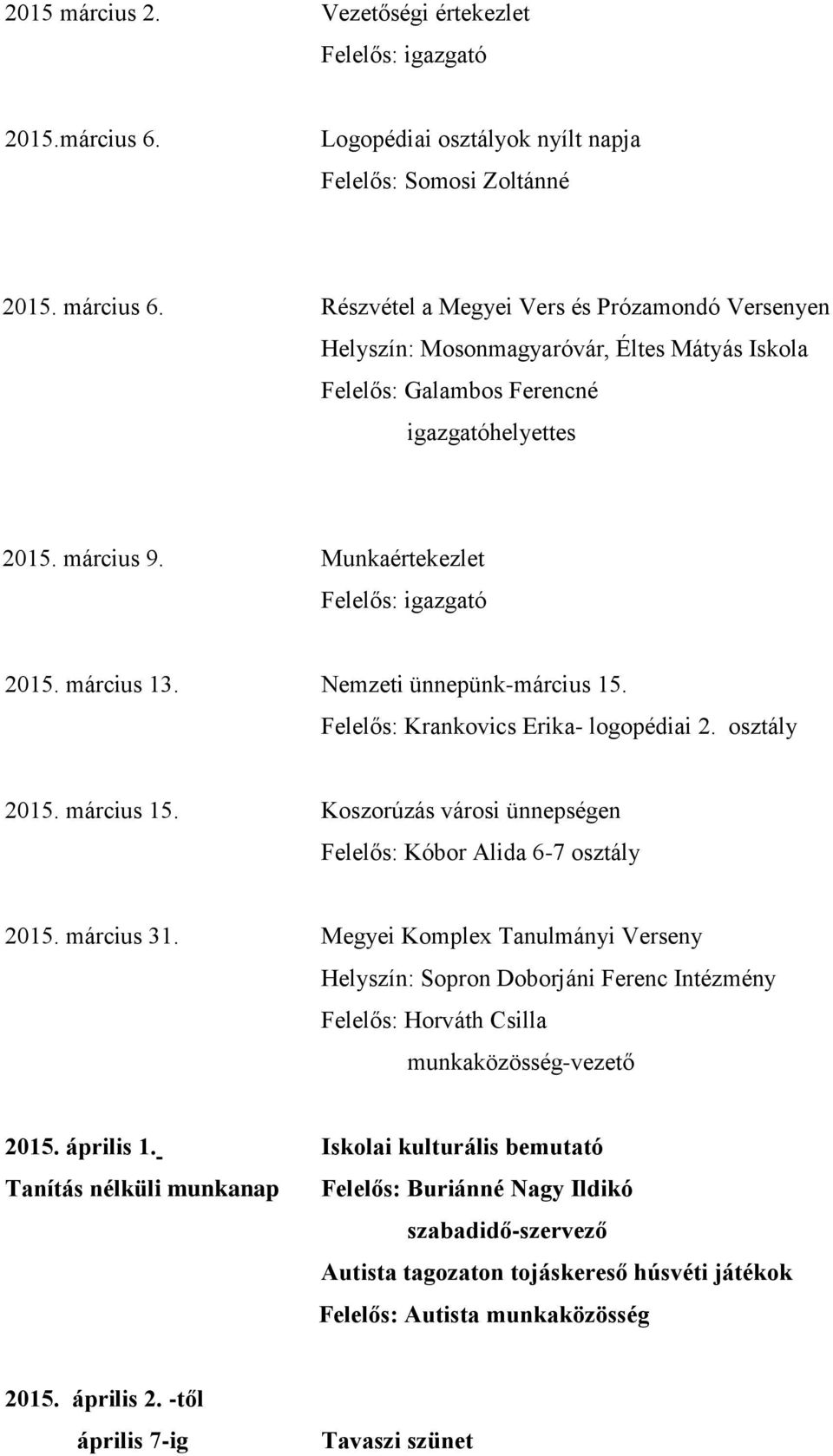 Nemzeti ünnepünk-március 15. Felelős: Krankovics Erika- logopédiai 2. osztály 2015. március 15. Koszorúzás városi ünnepségen Felelős: Kóbor Alida 6-7 osztály 2015. március 31.